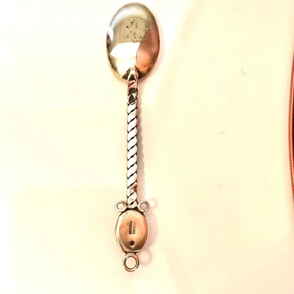 Antique Argentina Handcrafted Silver Demitasse Spoon Pink Rhodochrosite Crystal